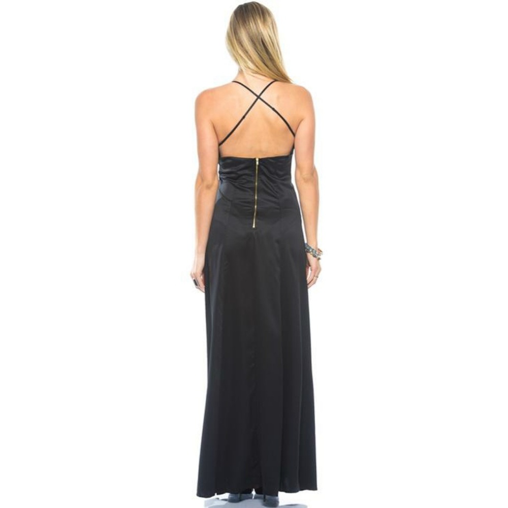Black Satin Plunge Neck Double High Slit X Cross B - Picture 4 of 4